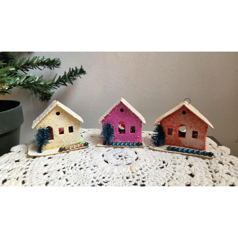 3 Vintage Japan Putz Houses Christmas Village Bottle Brush Trees